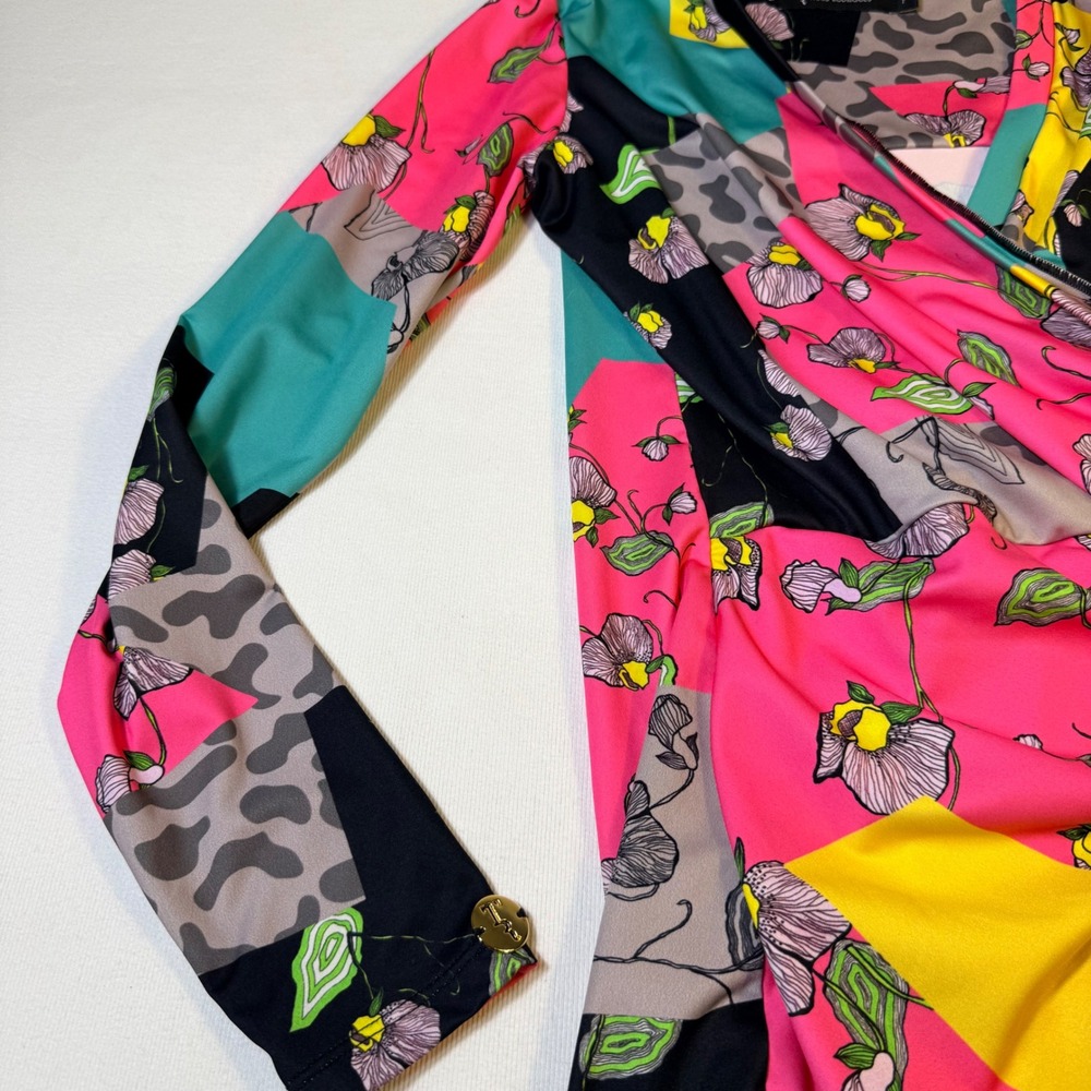 Thais Rodrigues Faux Wrap Dress P‎ Multicolor Floral Leopard Geometric Ruched - Picture 14 of 16